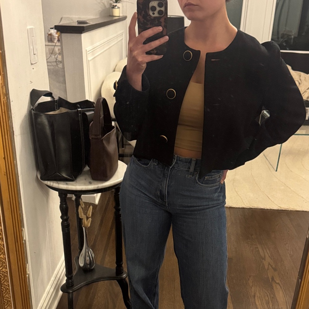 Gillian Vintage Wool Black Cropped Blazer Jacket with Gold Ring Buttons